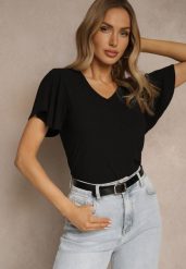 Czarna Bluzka Ozdobiona Rozkloszowanymi Rękawami Sunetha. Czarne bluzki damskie Renee, m, bez wzorów, z jeansu, eleganckie, bez kołnierzyka, bez ramiączek. Za 34.99 zł.