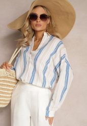 Beżowo-Niebieska Casualowa Koszula z Bawełny w Paski Sileata. Brązowe koszule damskie Renee, l, bez wzorów, z bawełny, retro, bez kołnierzyka, bez ramiączek. Za 79.99 zł.
