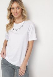 Biały Bawełniany T-shirt z Odpinanym Łańcuszkiem Imitującym Naszyjnik Mohna. Białe naszyjniki damskie Born2be, m, z aplikacjami, z bawełny, bez kołnierzyka. Za 34.99 zł.