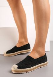 Czarne Ażurowe Espadryle na Plecionej Podeszwie z Ozdobnym Noskiem Uraian. Czarne espadryle damskie Renee, w ażurowe wzory, ze skóry, bez obcasa. Za 39.99 zł.