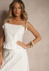 Biała Bluzka z Bawełny z Falbanką Haftami i Frędzlami Milunissa. Białe bluzki damskie Renee, l, bez wzorów, z bawełny, boho, bez kołnierzyka, bez ramiączek. Za 69.99 zł.