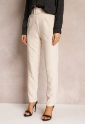 Beżowe Spodnie Garniturowe High Waist z Paskiem Wenus. Brązowe spodnie materiałowe damskie Renee, bez wzorów, z jeansu. Za 79.99 zł.
