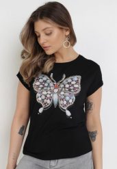 Czarny T-shirt Pallekaia. Czarne t-shirty damskie Born2be, s, z aplikacjami, z bawełny, bez kołnierzyka. Za 44.99 zł.