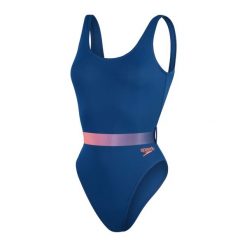 Strój kąpielowy damski Speedo Belted Deep. Czerwone stroje jednoczęściowe Speedo, bez wzorów, z lycry. Za 119.99 zł.