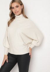 Jasnobeżowy Golf z Wiskozą w Stylu Nietoperza ze Ściągaczami Sallonia. Brązowe golfy damskie Born2be, l, bez wzorów, z jeansu, bez ramiączek. Za 69.99 zł.