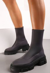 Szare Wsuwane Botki z Elastyczną Cholewką Tyello. Szare botki damskie Renee, z jeansu, eleganckie, bez obcasa, na płaskiej podeszwie, bez zapięcia. Za 69.99 zł.