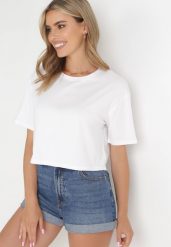 Biały Krótki T-shirt Oversize Lilu. Białe t-shirty damskie Born2be, l, bez wzorów, z bawełny, bez kołnierzyka. Za 29.99 zł.