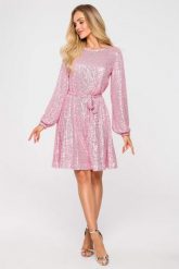 Wieczorowa sukienka cekinowa trapezowa błyszcząca różowa. Czerwone sukienki damskie Sukienki.shop, bez wzorów, wizytowe, bez ramiączek. Za 359.00 zł.
