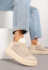 Beżowe Sneakersy Vices na Platformie z Ażurową Cholewką Lumerise. Brązowe obuwie sportowe damskie Renee, na lato, z materiału, bez zapięcia. Za 59.99 zł.