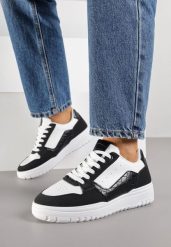 Biało-Czarne Sneakersy z Geometrycznym Wzorem i Perforacją Idellie. Białe obuwie sportowe damskie Born2be, bez zapięcia. Za 69.99 zł.