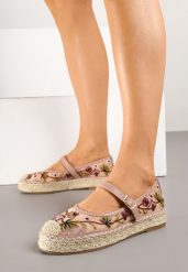 Różowe Espadryle z Siateczki na Plecionej Podeszwie Zdobione Haftem Evelritia. Czerwone espadryle damskie Renee, z aplikacjami, z jeansu, bez obcasa. Za 69.99 zł.