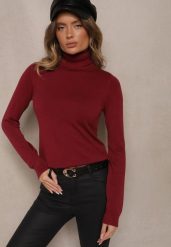 Bordowy Casualowy Golf z Wiskozą i Modalem Lannetora. Czerwone golfy damskie Renee, z aplikacjami, z jeansu, bez ramiączek. Za 44.99 zł.