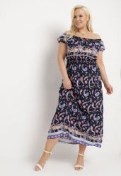 Granatowa Sukienka na Lato Bawełniana Hiszpanka z Wzorem Paisley i Gumką w Pasie Vediana. Niebieskie sukienki damskie Born2be, bez wzorów, z bawełny, bez ramiączek. Za 79.99 zł.