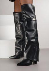 Czarne Eleganckie Kozaki za Kolano z Cholewką Imitującą Nogawkę Zenesseria. Czarne kozaki damskie Renee, z satyny, za kolano, bez obcasa, na obcasie, bez zapięcia. Za 189.99 zł.