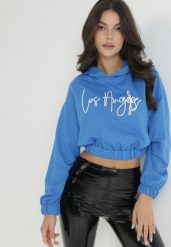 Niebieska Bluza Krótka z Kapturem Lamaara. Niebieskie bluzy damskie Born2be, xl, bez wzorów, z bawełny, z kapturem. Za 44.99 zł.