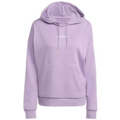 Adidas Essentials Linear French Terry Hoodie damska. Fioletowe swetry klasyczne damskie Adidas, na zimę, z bawełny, bez kołnierzyka. Za 200.99 zł.