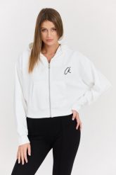 CALVIN KLEIN Biała damska rozpinana bluza z kapturem. Białe bluzy damskie Calvin Klein, m, bez wzorów, z bawełny, z kapturem. W wyprzedaży za 399.99 zł.