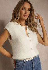 Jasnobeżowa Dzianinowa Kamizelka z Moherem z Zapięciem na Guziki Vorlina. Brązowe kamizelki damskie Renee, bez wzorów, z dzianiny, bez kaptura. Za 119.99 zł.