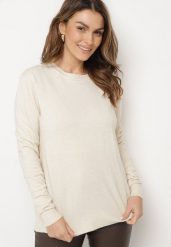 Jasnobeżowy Klasyczny Sweter z Bawełną Asintira. Brązowe swetry klasyczne damskie Born2be, z bawełny, bez kołnierzyka. Za 44.99 zł.