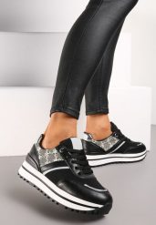 Czarne Sneakersy z Materiałowymi Wstawkami na Grubej Podeszwie Ozdobione Brokatem Zirnna. Czarne obuwie sportowe damskie Renee, z materiału, bez zapięcia. Za 99.99 zł.