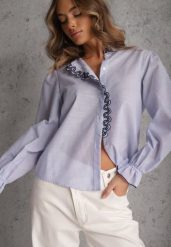 Niebieska Bawełniana Koszula z Falbanką i Haftem Ostorea. Niebieskie koszule damskie Renee, l, w ażurowe wzory, z bawełny, eleganckie, bez kołnierzyka, bez ramiączek. Za 109.99 zł.