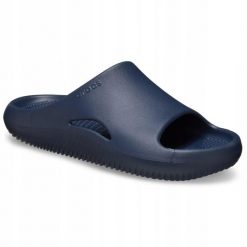 Klapki Dla Dorosłych Crocs Mellow Recovery Slide. Niebieskie klapki damskie Crocs, bez wzorów, z materiału, bez obcasa, bez zapięcia. Za 199.99 zł.