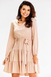 Krótka Sukienka z Długim Bufiastym Rękawem - Beżowa. Brązowe sukienki damskie Awama, bez wzorów, z elastanu, wizytowe, bez ramiączek. Za 249.90 zł.