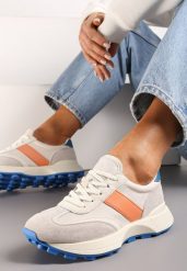 Pomarańczowe Sneakersy ze Skóry Naturalnej Ozdobione Wstawkami z Ekozamszu Xanthipe. Brązowe obuwie sportowe damskie Renee, ze skóry, bez zapięcia. Za 169.99 zł.