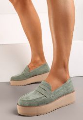 Zielone Półbuty Mokasyny na Platformie z Minimalistycznym Paseczkiem Soilema. Zielone mokasyny damskie Born2be, z jeansu, bez obcasa. Za 109.99 zł.