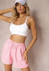 Różowe Dresowe Szorty High Waist z Gumką w Talii Narefia. Czerwone szorty damskie Renee, w ażurowe wzory, z dresówki, z podwyższonym stanem. Za 24.99 zł.