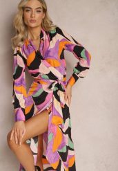 Czarno-Różowa Rozkloszowana Sukienka Midi z Kopertowym Dekoltem z Paskiem i Abstrakcyjnym Wzorem Orabella. Czarne sukienki damskie Renee, bez wzorów, eleganckie, bez ramiączek. W wyprzedaży za 118.99 zł.