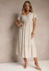Beżowa Rozkloszowana Sukienka z Bawełny Zdobiona Guzikami Folennea. Brązowe sukienki damskie Renee, z aplikacjami, z bawełny, eleganckie, bez ramiączek. W wyprzedaży za 63.99 zł.