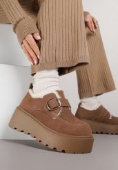 Brązowe Śniegowce na Platformie z Paskiem ze Sprzączką i Futrem Unweda. Brązowe śniegowce damskie Renee, z jeansu. Za 129.99 zł.