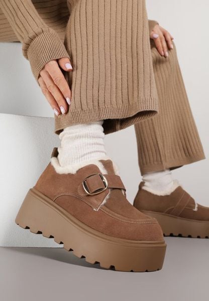 Brązowe Śniegowce na Platformie z Paskiem ze Sprzączką i Futrem Unweda. Brązowe śniegowce damskie Renee, z jeansu. Za 129.99 zł.