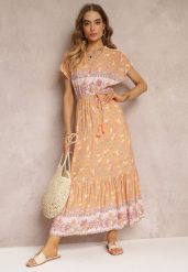 Pomarańczowo-Różowa Rozkloszowana Sukienka Maxi z Gumkami w Pasie z Bawełny Besie. Brązowe sukienki damskie Renee, bez wzorów, z bawełny, bez ramiączek. W wyprzedaży za 67.99 zł.