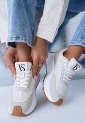 Beżowe Sznurowane Sneakersy Vices na Platformie z Ozdobnymi Paskami Seliniel. Brązowe obuwie sportowe damskie Renee, z jeansu, bez zapięcia. Za 99.99 zł.