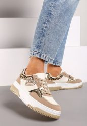 Ciemnobeżowe Sneakersy z Brokatową Naszywką w Kształcie Serca Avioneria. Brązowe obuwie sportowe damskie Renee, z materiału, bez zapięcia. Za 79.99 zł.