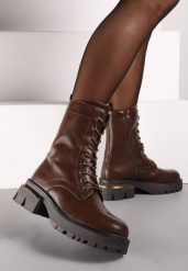 Brązowe Botki Workery na Grubej Podeszwie ze Sznurowaniem Giordana. Brązowe botki damskie Born2be, z jeansu, eleganckie, bez obcasa, na płaskiej podeszwie, bez zapięcia. Za 169.99 zł.
