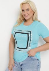 Jasnoniebieski Bawełniany T-shirt Koszulka z Krótkim Rękawem Ozdobiona Nadrukiem i Cyrkoniami Codara. Niebieskie bluzki damskie Born2be, l, bez wzorów, z bawełny, bez kołnierzyka, bez ramiączek. Za 34.99 zł.