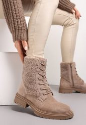 Beżowe Botki Workery z Ozdobnym Futerkiem Sinuas. Brązowe botki damskie Renee, na jesień, bez obcasa, na płaskiej podeszwie, bez zapięcia. Za 139.99 zł.