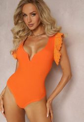 Pomarańczowe Body z Wycięciem i Falbankami z Haftem Eshawn. Brązowe body i gorsety Renee, bez wzorów, z tkaniny. Za 59.99 zł.