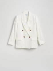 Lniana marynarka - złamana biel. Marynarki i żakiety damskie Reserved, l, bez wzorów, z tkaniny. W wyprzedaży za 199.99 zł.