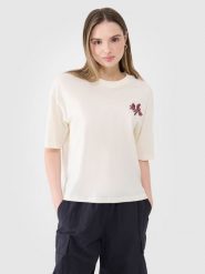 4F T-shirt oversize z nadrukiem damski - biały M. Białe t-shirty damskie 4F, m, bez wzorów, z bawełny, bez kołnierzyka. W wyprzedaży za 39.99 zł.