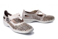 RIEKER 413G4-90 metallic, półbuty letnie damskie. Brązowe półbuty damskie Rieker, na lato, bez wzorów, bez obcasa, bez zapięcia. Za 209.93 zł.