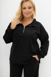 Oversizowa prążkowana czarna bluza Good Day Ahead z kołnierzem i zamkiem Plus Size Oversize. Czarne bluzy damskie Moda Size Plus Iwanek, l, bez wzorów, z dzianiny, bez kaptura. Za 219.90 zł.