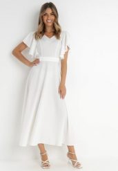 Biała Rozkloszowana Sukienka Zdobiona Falbanami Emilienne. Białe sukienki damskie Born2be, z aplikacjami, z jeansu, eleganckie, bez ramiączek. Za 209.99 zł.