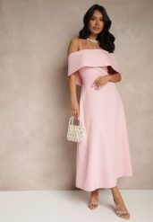 Różowa Rozkloszowana Sukienka na Ramiączkach z Wywiniętym Dekoltem Jenavitia. Czerwone sukienki damskie Renee, bez wzorów, eleganckie, bez ramiączek. W wyprzedaży za 119.99 zł.