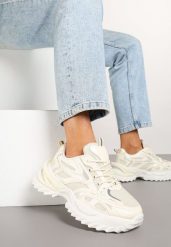 Beżowe Sneakersy na Platformie z Tłoczeniem i Siateczkowymi Wstawkami Galoria. Brązowe obuwie sportowe damskie Renee, z jeansu, bez zapięcia. Za 99.99 zł.