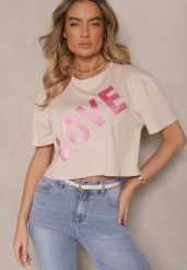 Ciemnobeżowy Krótki T-shirt Oversize z Bawełny z Ozdobnym Napisem Sanillva. Brązowe t-shirty damskie Renee, m, bez wzorów, z bawełny, bez kołnierzyka. Za 39.99 zł.