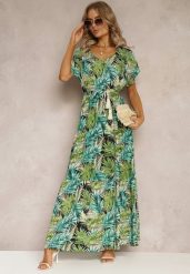 Zielono-Czarna Maxi Sukienka z Wiskozy w Kwiatowy Print ze Sznurkiem w Talii Anukka. Zielone sukienki damskie Renee, bez wzorów, z wiskozy, bez ramiączek. W wyprzedaży za 62.99 zł.